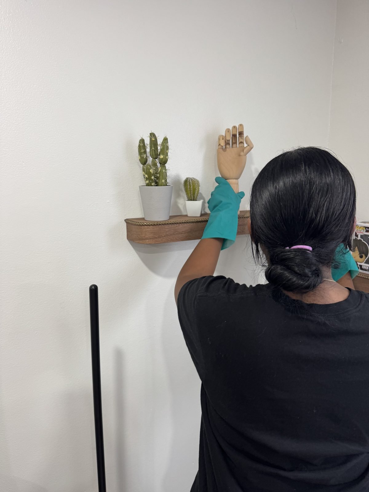 Dusting a shelf and decor